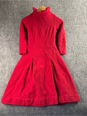 1950-60s Girls' Red wool Long Sleeve Fit-and-Flare Dress